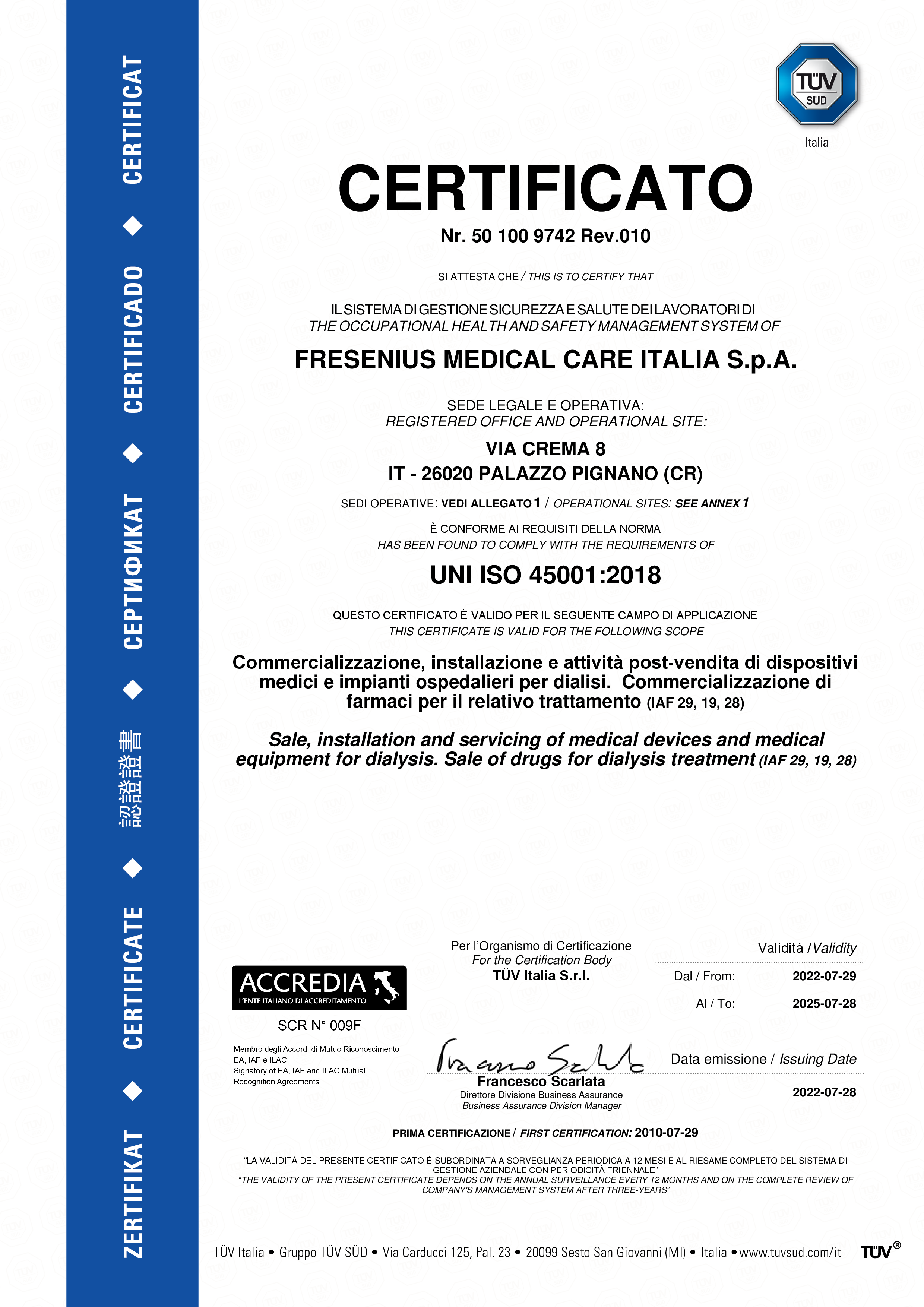 Certificato ISO 45001 Fresenius Medical Care